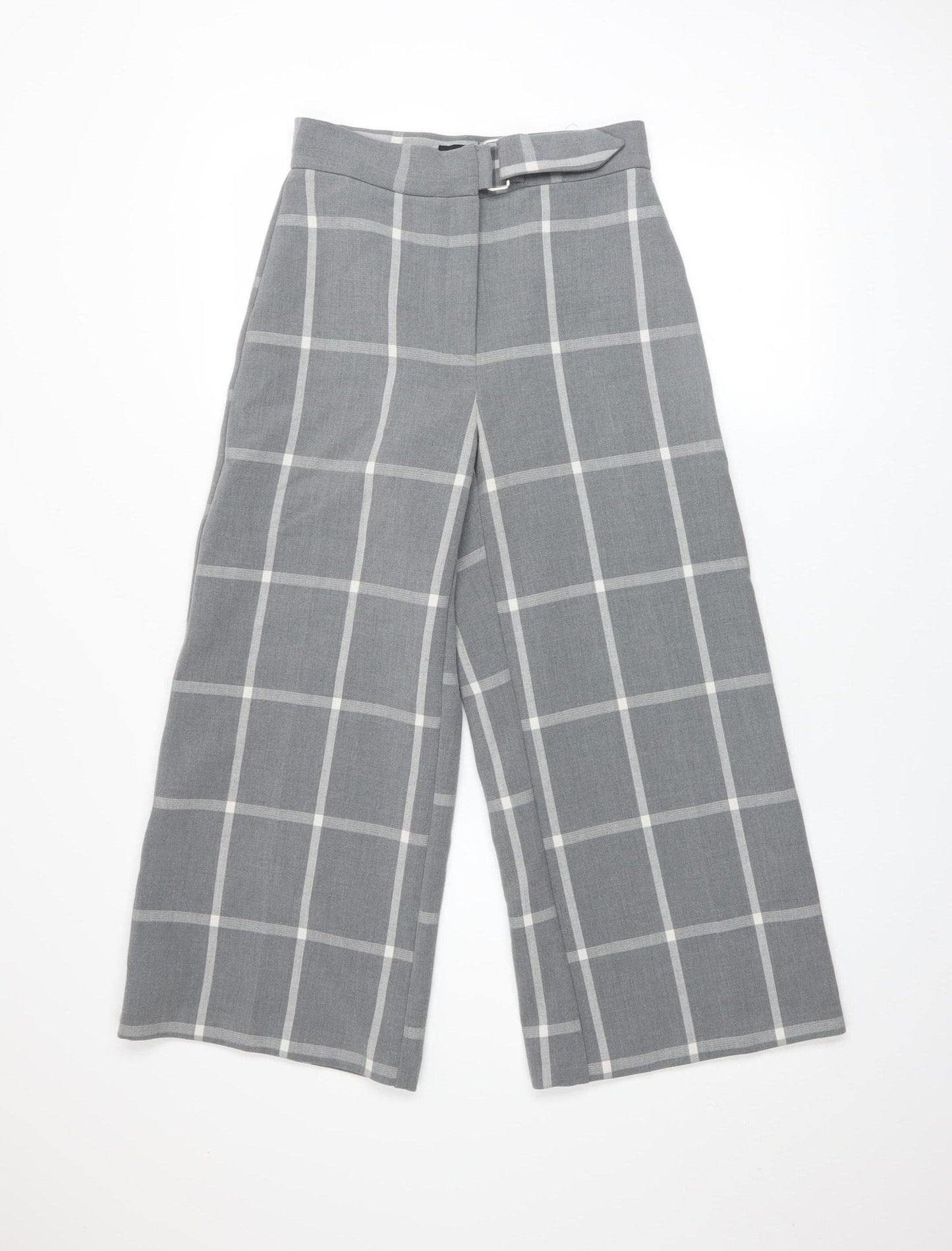 River Island Women Grey Check Wide-Leg Belted Trousers Size 8