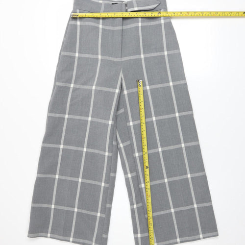 River Island Women Grey Check Wide-Leg Belted Trousers Size 8