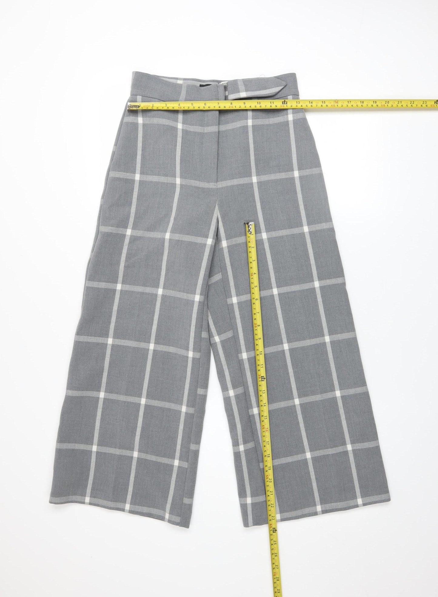 River Island Women Grey Check Wide-Leg Belted Trousers Size 8