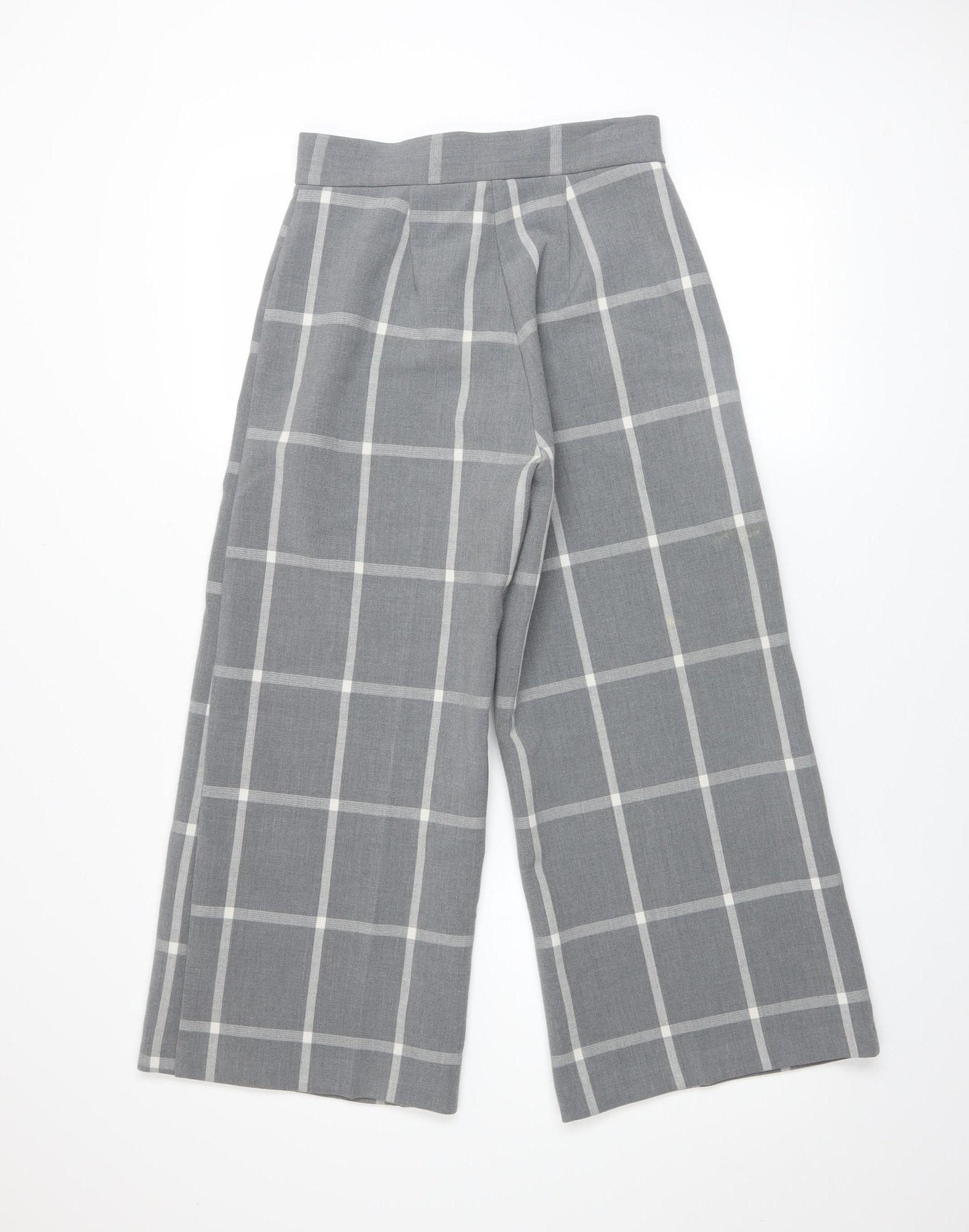 River Island Women Grey Check Wide-Leg Belted Trousers Size 8