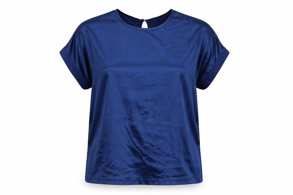 Lennon Courtney Blue Satin Crew Neck Women's Blouse Size M