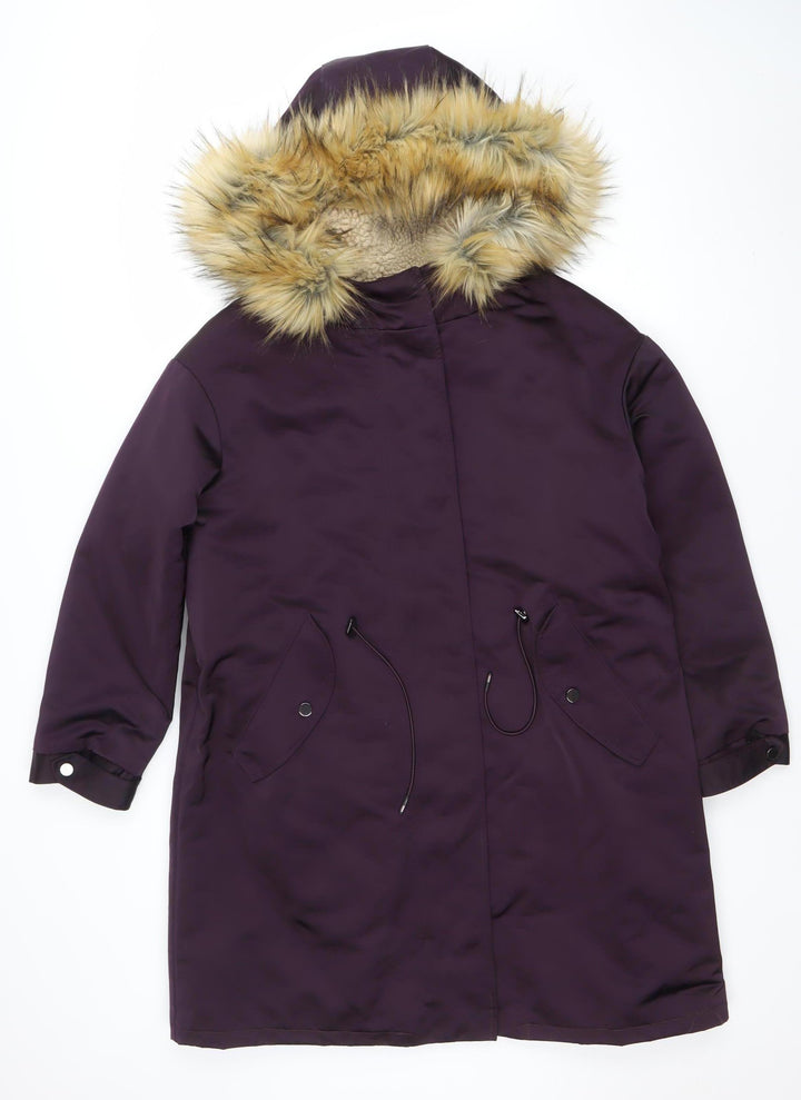 Marks and Spencer Womens Purple Faux Fur Hooded Parka Coat Size 8