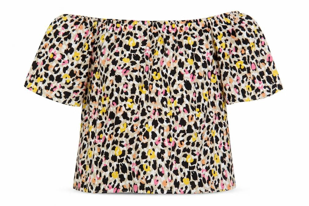Front view of Capsule Women’s Multicoloured Leopard Off Shoulder Blouse, size UK 18