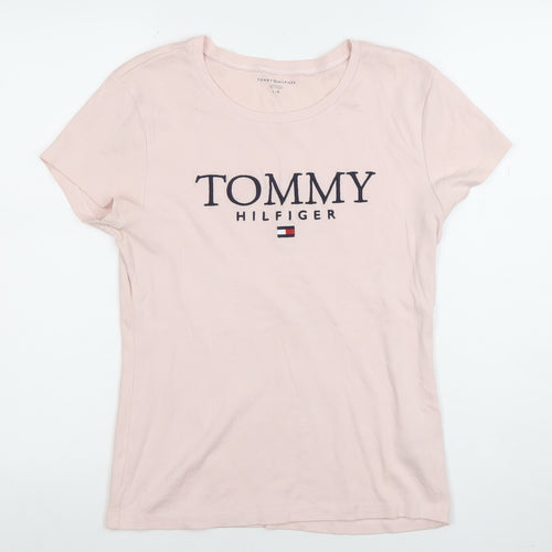 Tommy Hilfiger Women Pink Cotton Logo T-Shirt Size L Short Sleeve