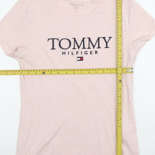 Tommy Hilfiger Women Pink Cotton Logo T-Shirt Size L Short Sleeve