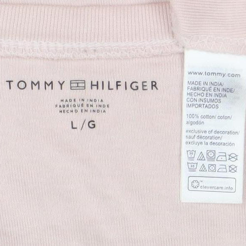 Tommy Hilfiger Women Pink Cotton Logo T-Shirt Size L Short Sleeve