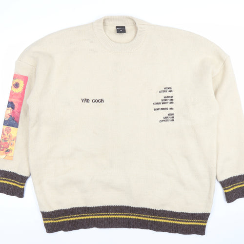 Vencede Men Beige XL Van Gogh Art Knit Jumper Crew Neck Long Sleeve