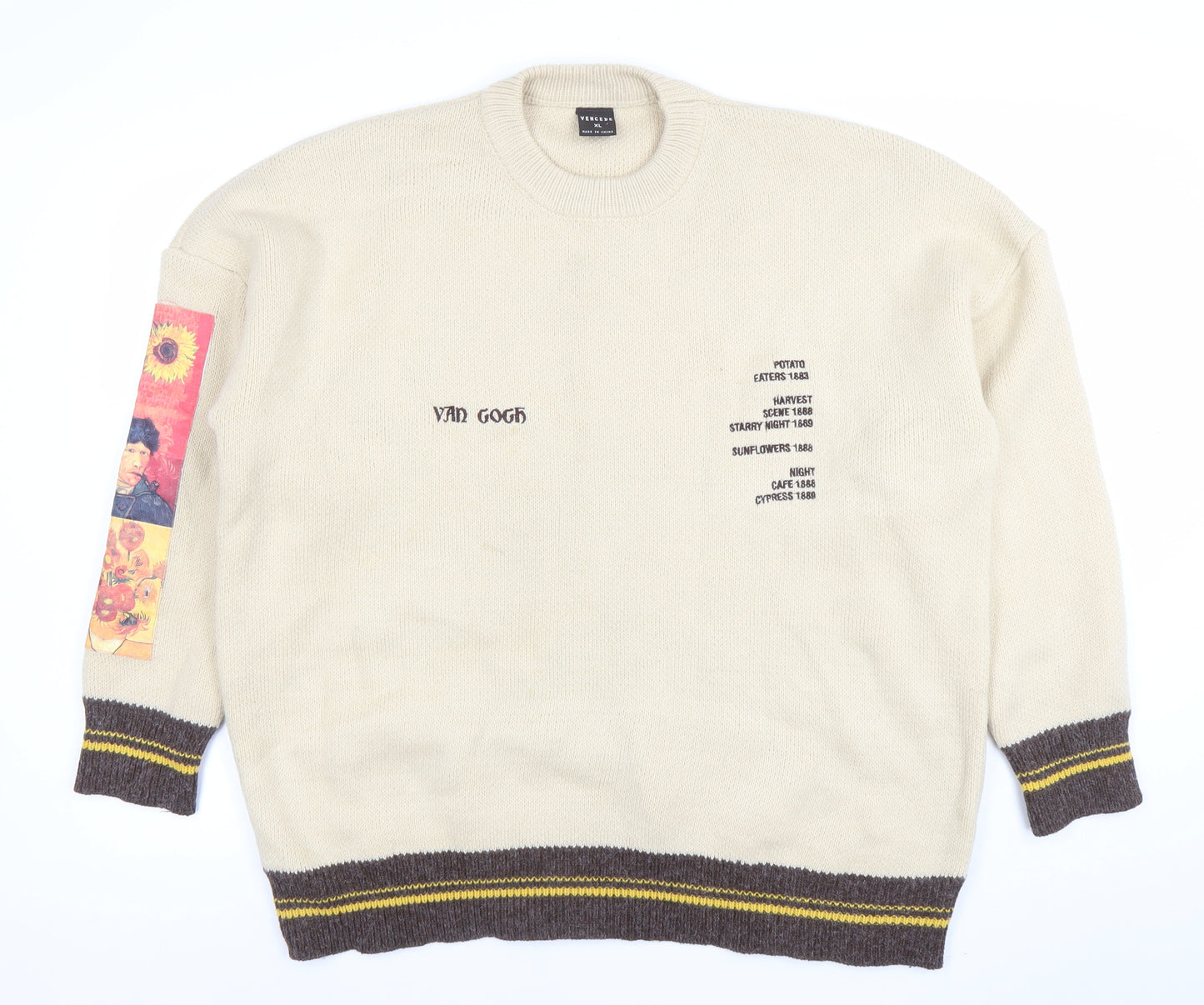 Vencede Men Beige XL Van Gogh Art Knit Jumper Crew Neck Long Sleeve