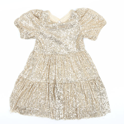 Dunnes Stores Girls Gold Sequin A-Line Party Dress 4-5 Years Puff Sleeve