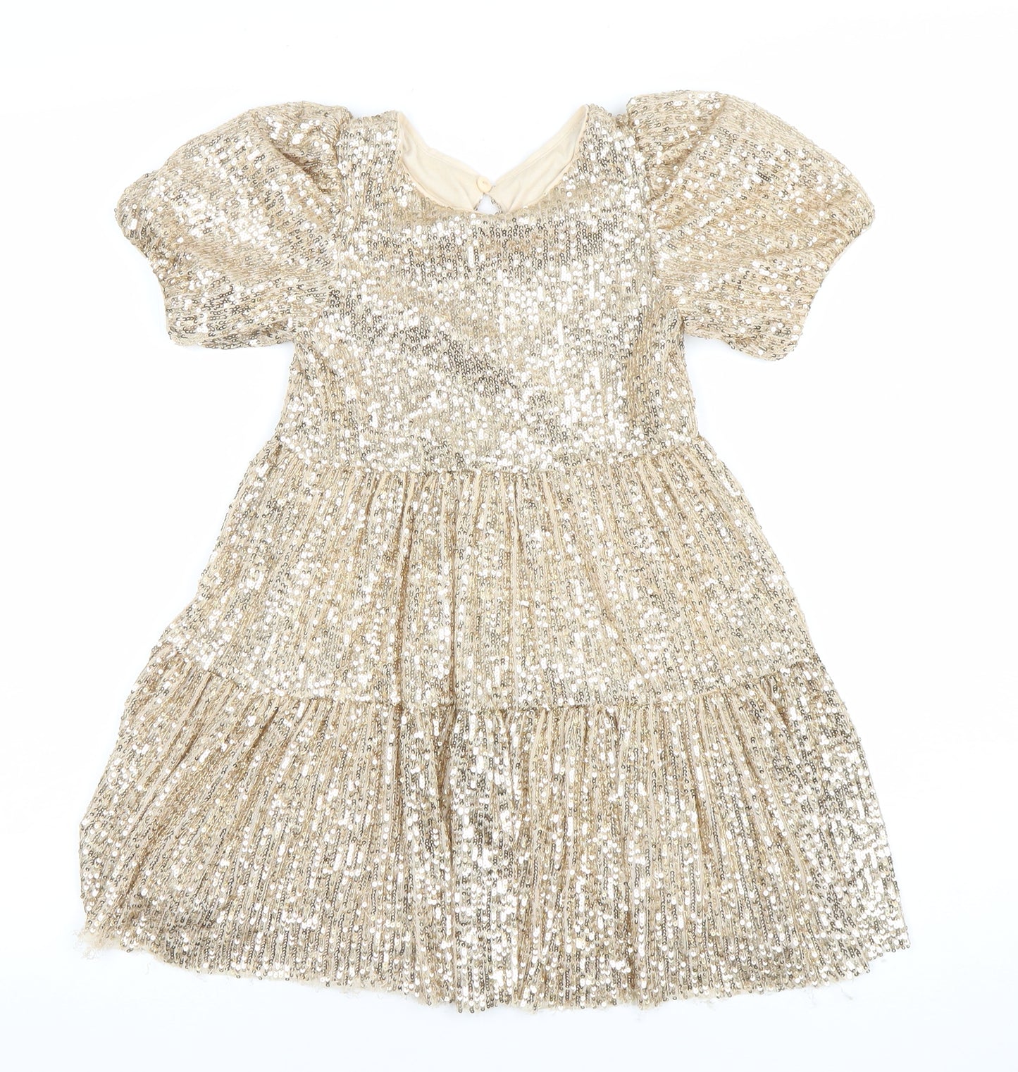 Dunnes Stores Girls Gold Sequin A-Line Party Dress 4-5 Years Puff Sleeve