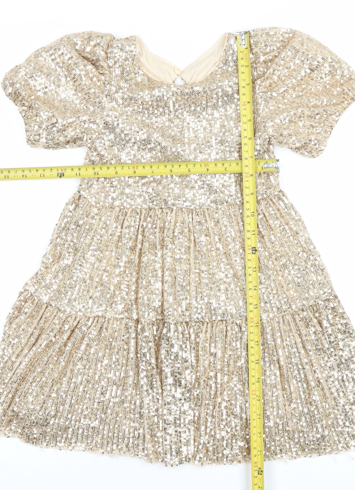 Dunnes Stores Girls Gold Sequin A-Line Party Dress 4-5 Years Puff Sleeve