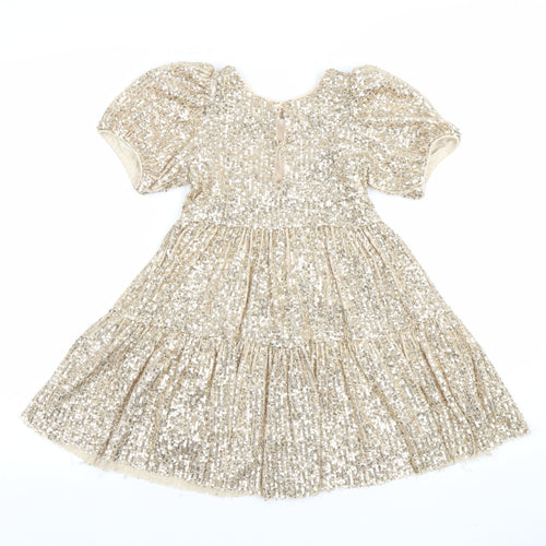 Dunnes Stores Girls Gold Sequin A-Line Party Dress 4-5 Years Puff Sleeve