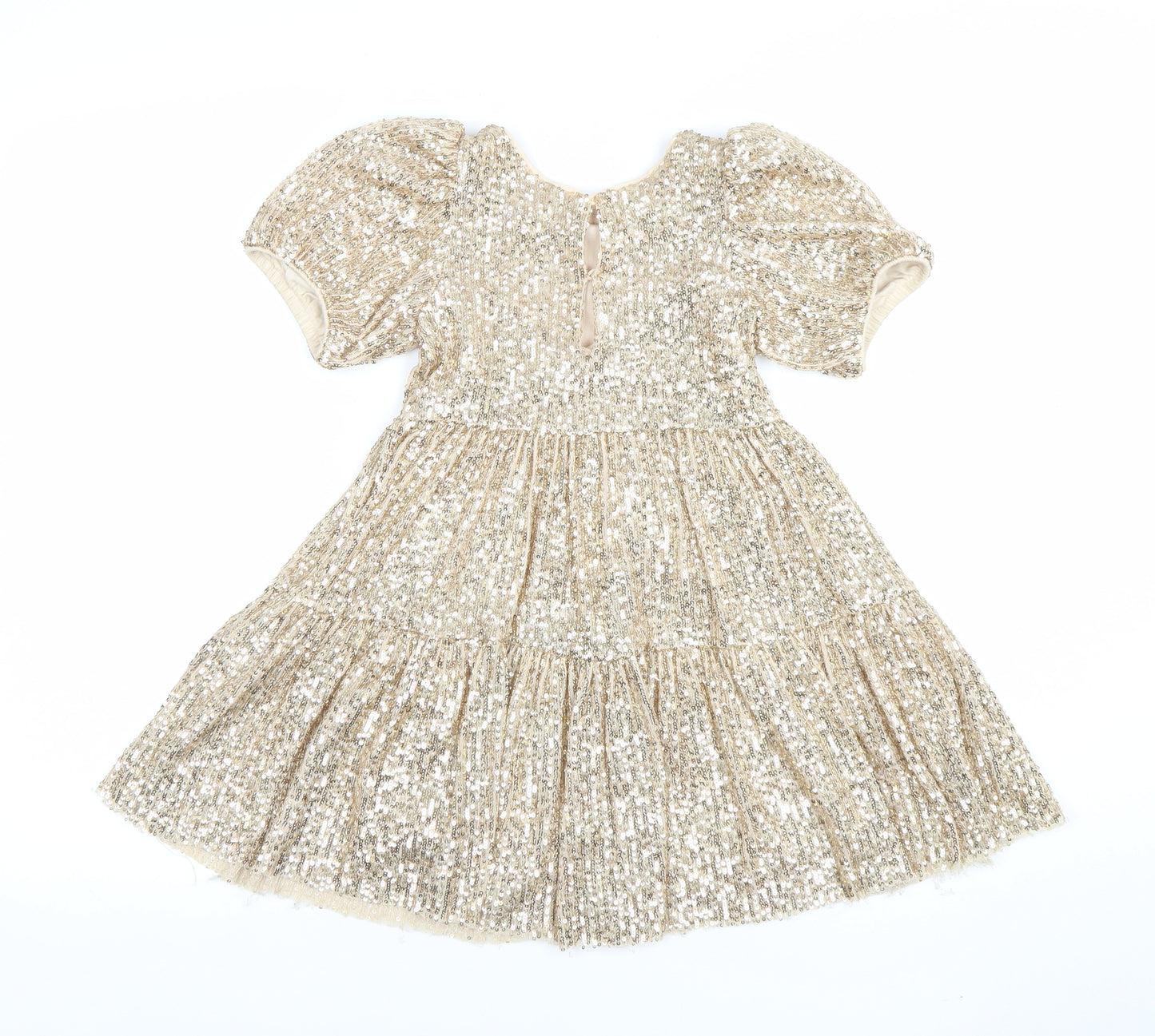 Dunnes Stores Girls Gold Sequin A-Line Party Dress 4-5 Years Puff Sleeve