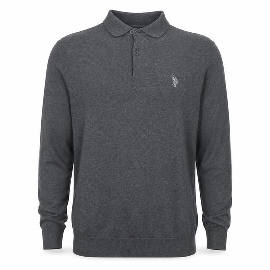 Front view of U.S. Polo Assn. Men's Grey Long Sleeve Cotton Polo Shirt M