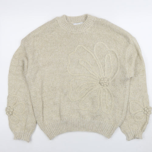 Zino Womens Beige Flower Knit Jumper M Long Sleeve Crew Neck