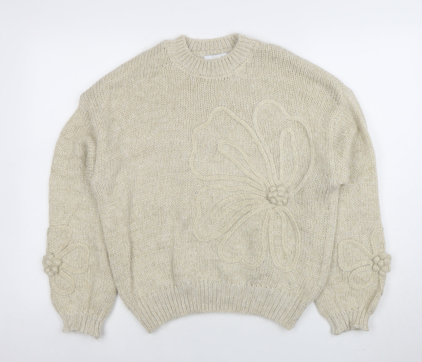 Zino Womens Beige Flower Knit Jumper M Long Sleeve Crew Neck