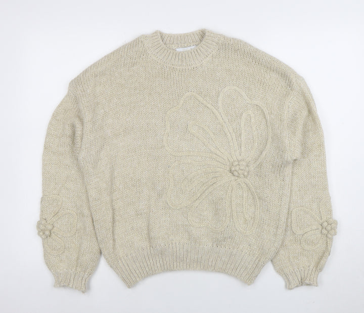 Zino Womens Beige Flower Knit Jumper M Long Sleeve Crew Neck