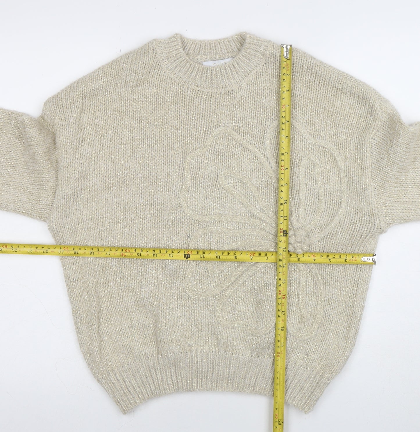 Zino Womens Beige Flower Knit Jumper M Long Sleeve Crew Neck