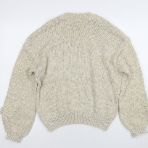 Zino Womens Beige Flower Knit Jumper M Long Sleeve Crew Neck