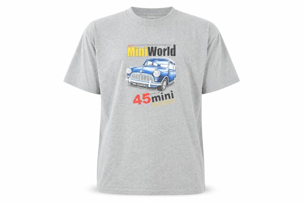 Front view of SMILEY Men's Grey Mini Cooper Graphic T-Shirt, size L