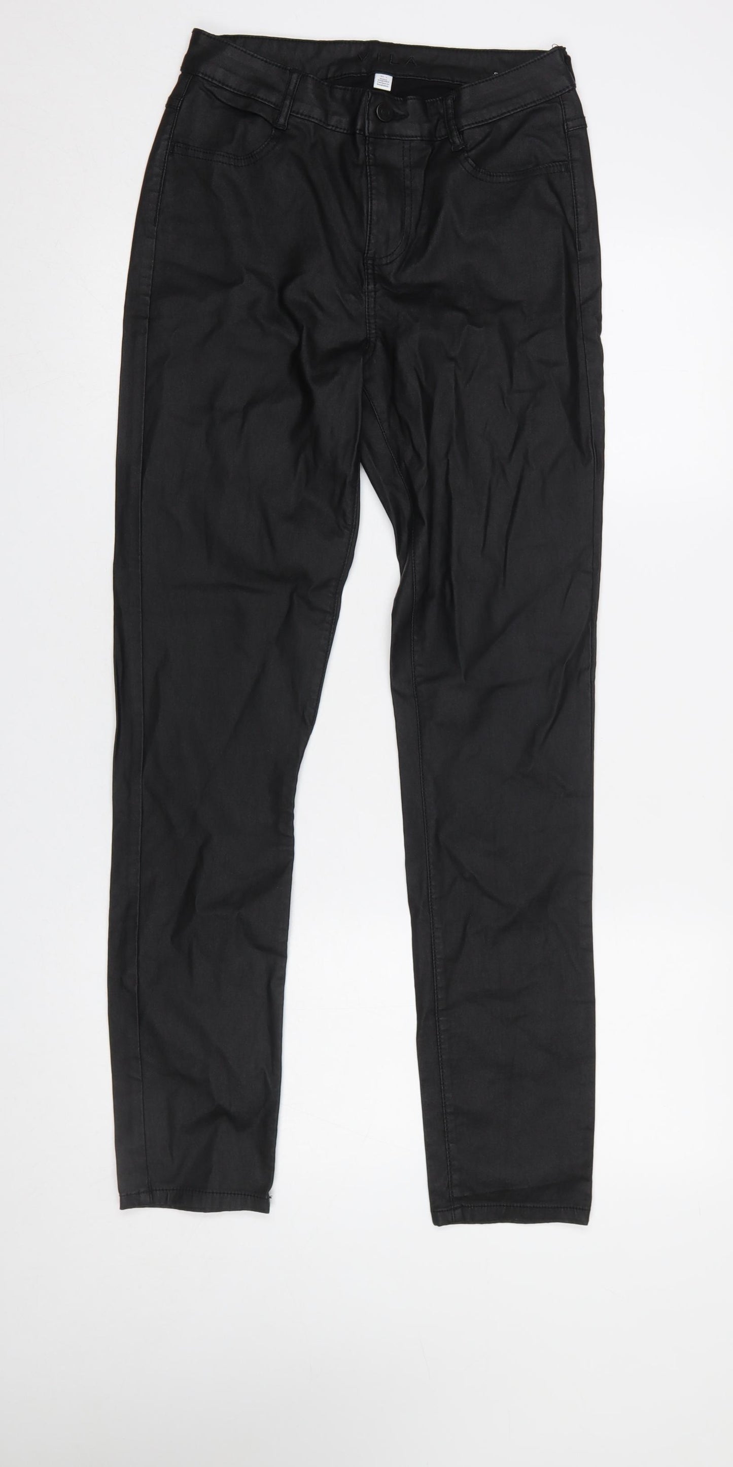Vila Women Black Coated Slim Fit Viscose Stretch Trousers L