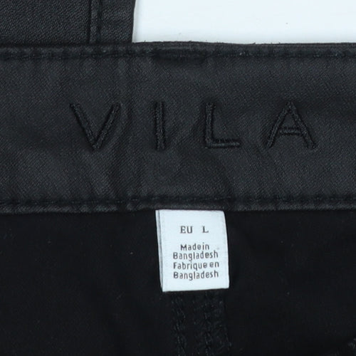 Vila Women Black Coated Slim Fit Viscose Stretch Trousers L