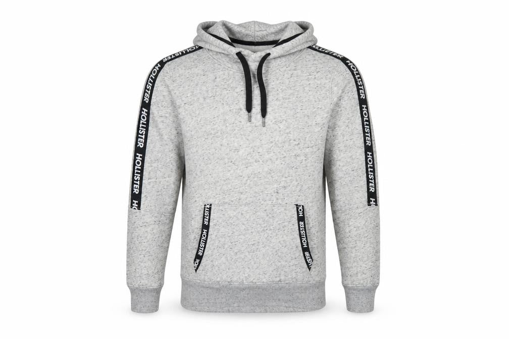 Front view of Hollister men’s grey pullover hoodie s regular fit logo fleece