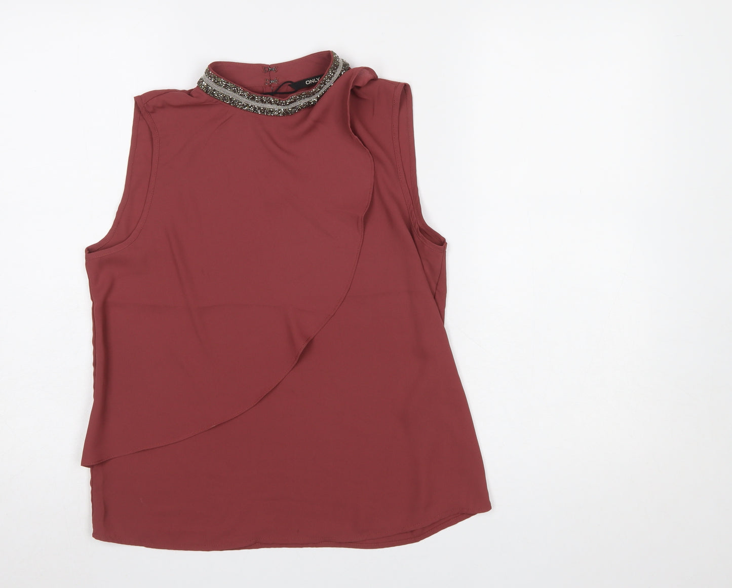 ONLY Womens Red Sleeveless High Neck Beaded Wrap Blouse Size 8