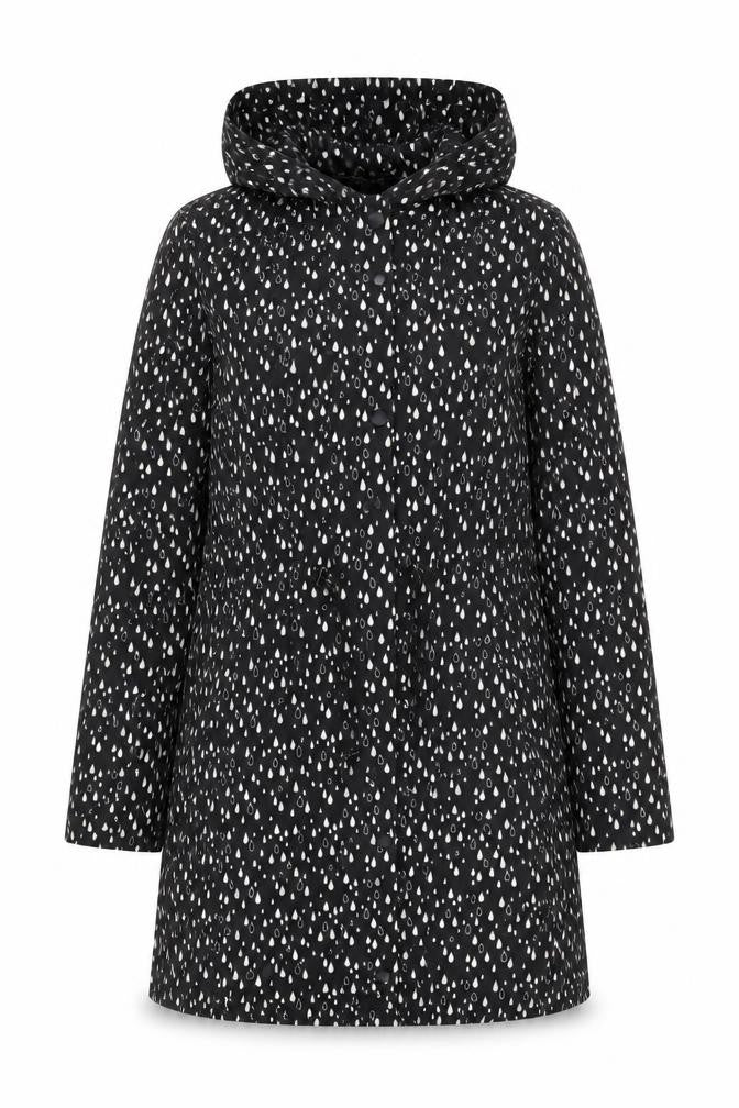 Front view of Soaked in Luxury Women's Black Raindrop Rain Coat, size M, Hooded Polyester