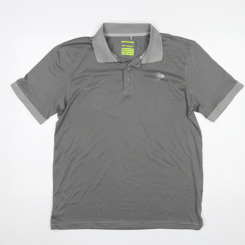 Dunlop Men’s Grey Striped Polo Shirt L Regular Fit Golf Activewear
