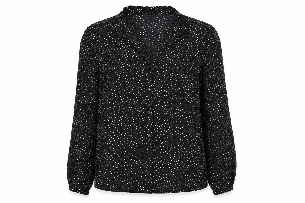 Front view of Warehouse Women Black Polka Dot Button-Up Blouse, size 12