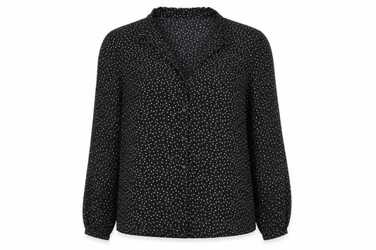 Front view of Warehouse Women Black Polka Dot Button-Up Blouse, size 12
