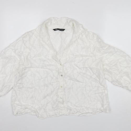 Zara Women White Textured Button-Up Blouse Size M Relaxed Fit