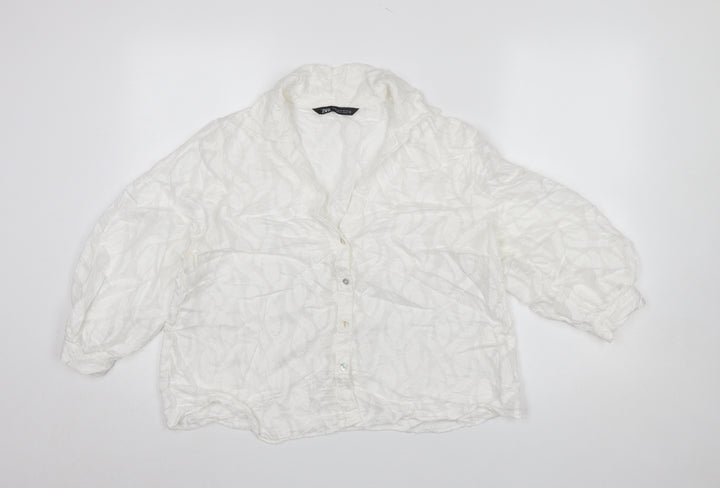 Zara Women White Textured Button-Up Blouse Size M Relaxed Fit