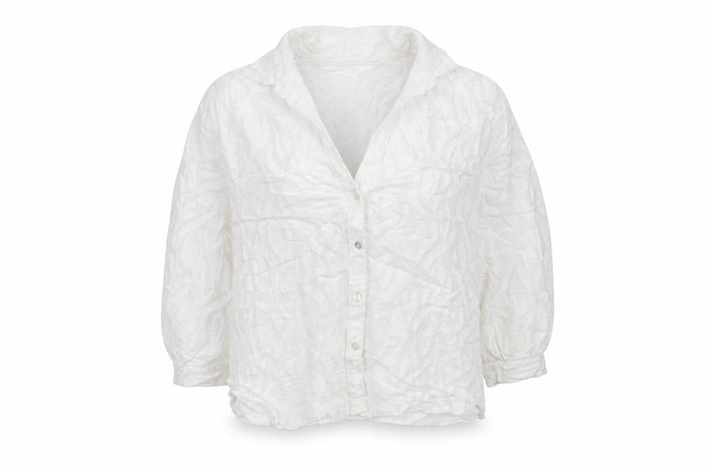 Front view of Zara Women White Textured Button-Up Blouse, size M, Relaxed Fit