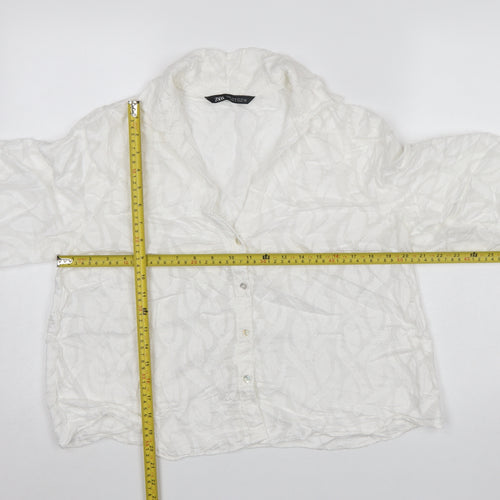 Zara Women White Textured Button-Up Blouse Size M Relaxed Fit