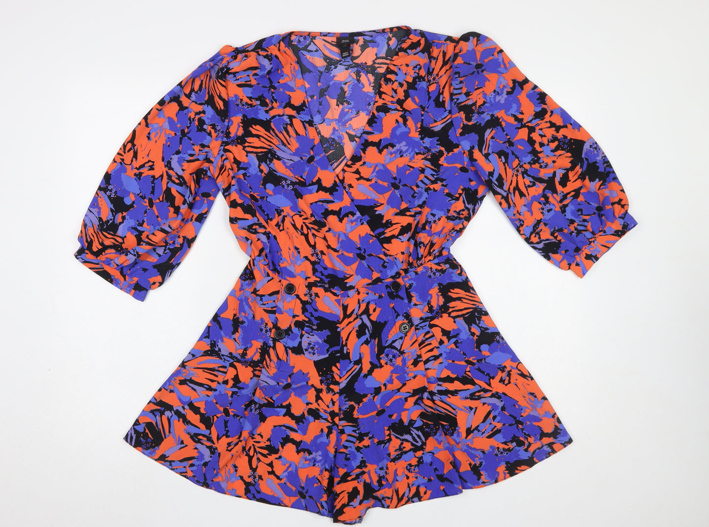River Island Women’s Multicoloured Floral Playsuit Size 10 V-Neck 3/4 Sleeve