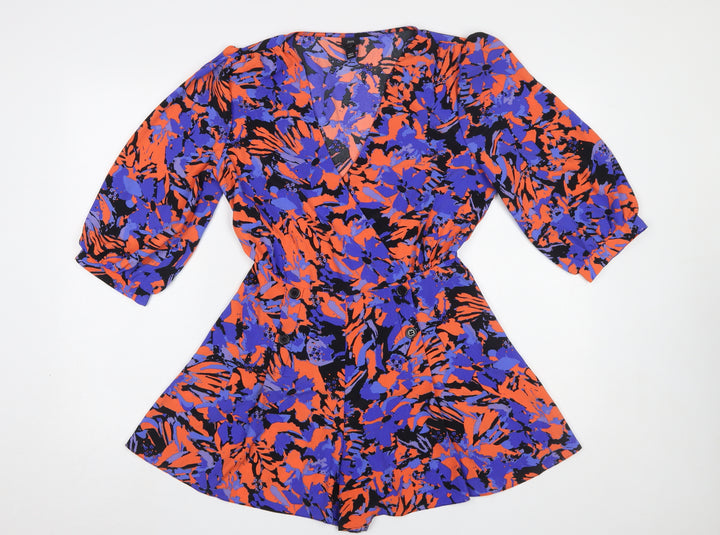 River Island Women’s Multicoloured Floral Playsuit Size 10 V-Neck 3/4 Sleeve