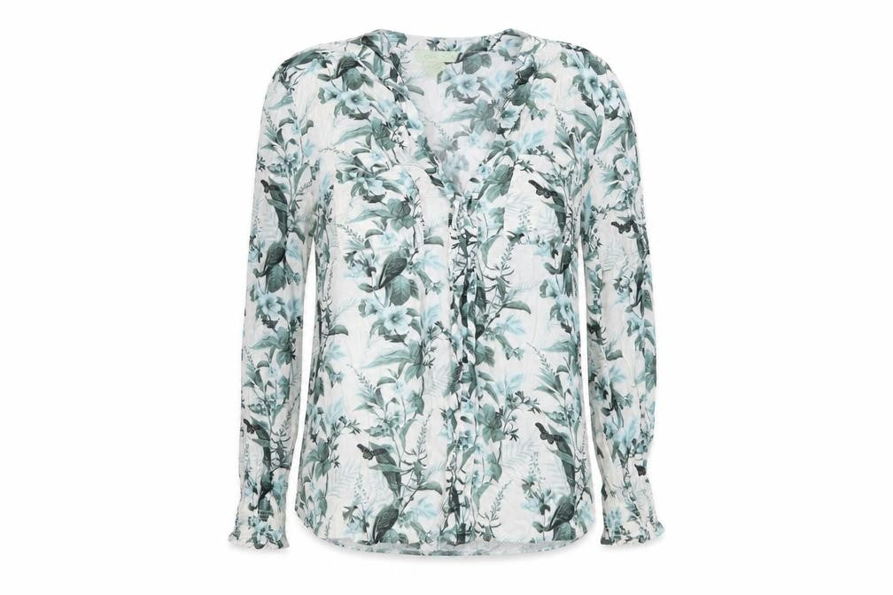 Front view of Oasis women’s floral long sleeve tunic blouse, size UK 12, multicoloured