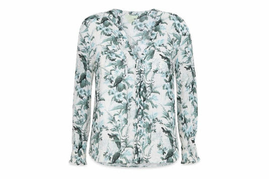 Front view of Oasis women’s floral long sleeve tunic blouse, size UK 12, multicoloured