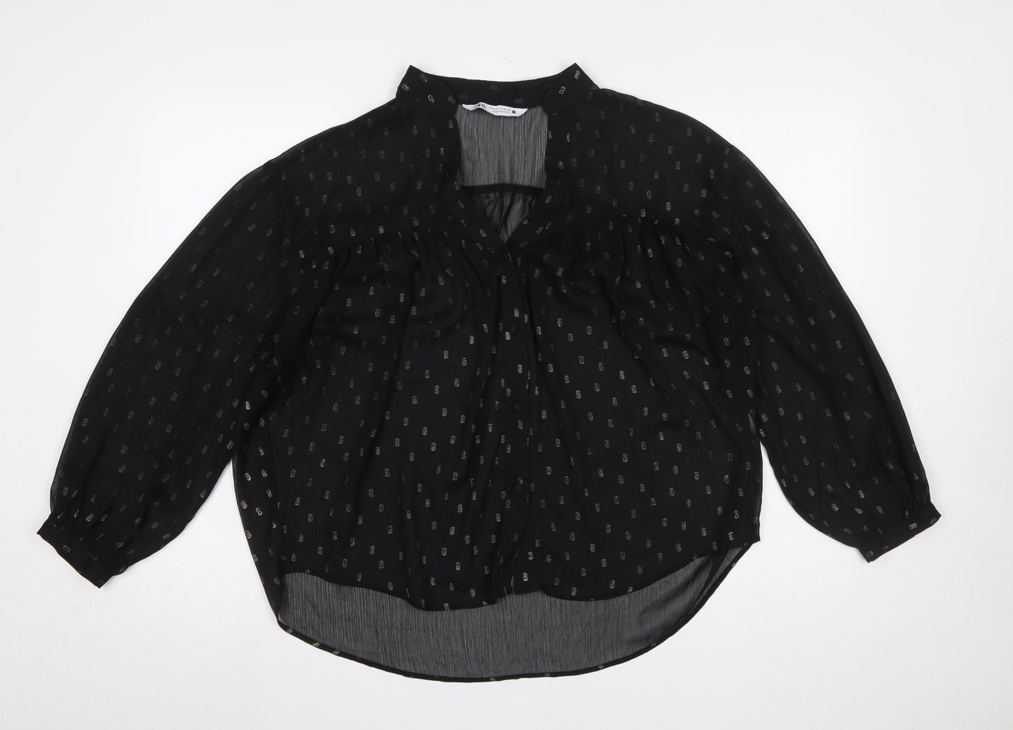 Zara Women Black Tunic Blouse Size 12 Long Sleeve Sheer Chiffon