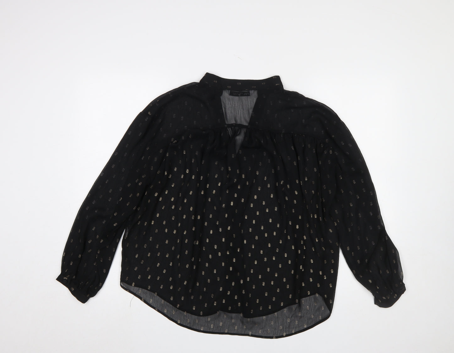 Zara Women Black Tunic Blouse Size 12 Long Sleeve Sheer Chiffon