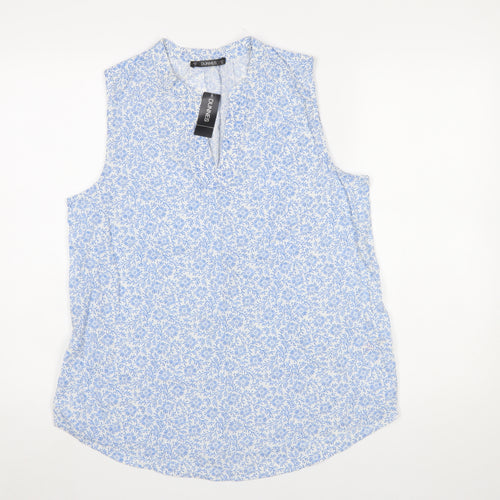 Dunnes Stores Women Blue Floral Sleeveless Cotton Linen Blouse Size 14