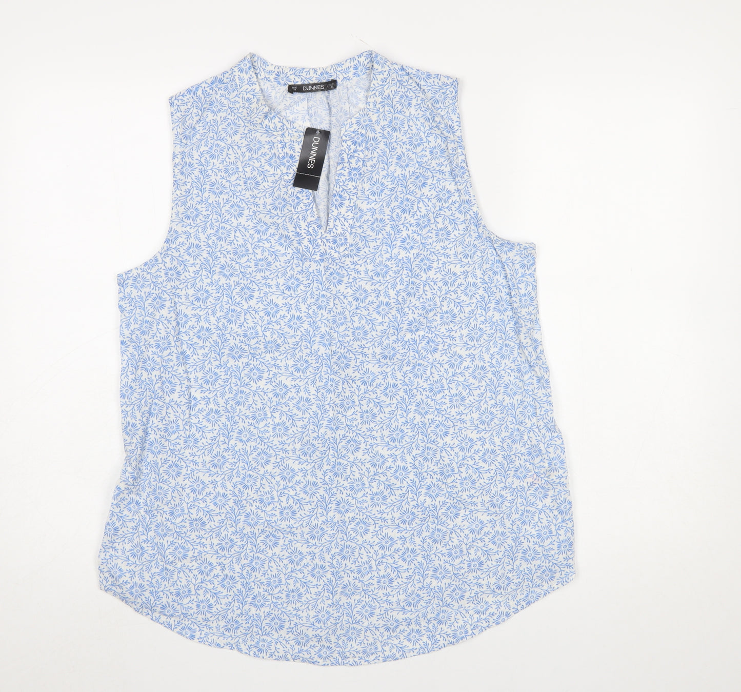 Dunnes Stores Women Blue Floral Sleeveless Cotton Linen Blouse Size 14