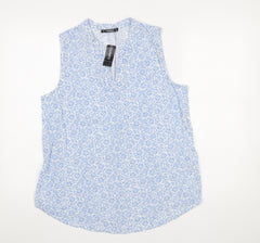 Dunnes Stores Women Blue Floral Sleeveless Cotton Linen Blouse Size 14