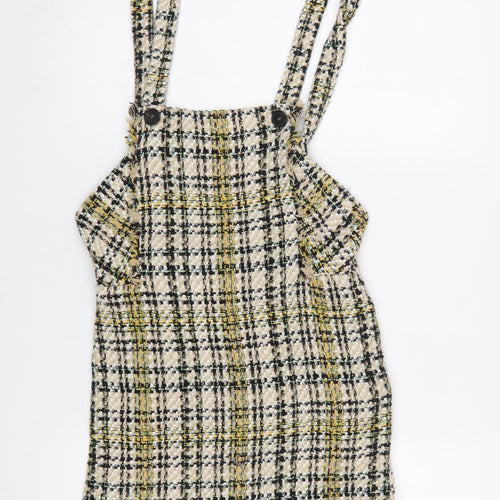 Zara Women Beige Tweed Check Pinafore Dress Size S