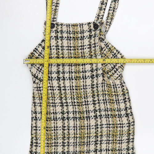 Zara Women Beige Tweed Check Pinafore Dress Size S