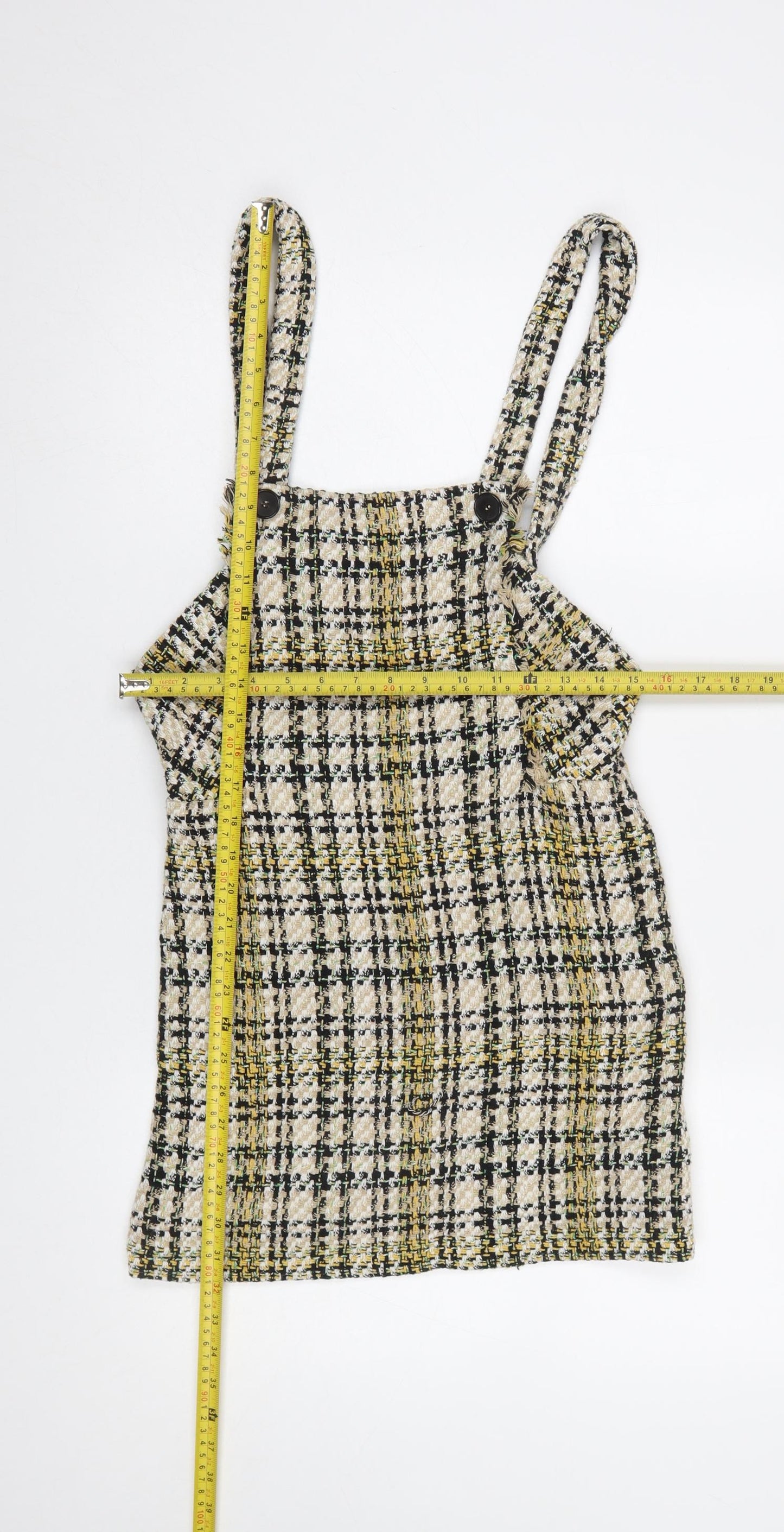 Zara Women Beige Tweed Check Pinafore Dress Size S