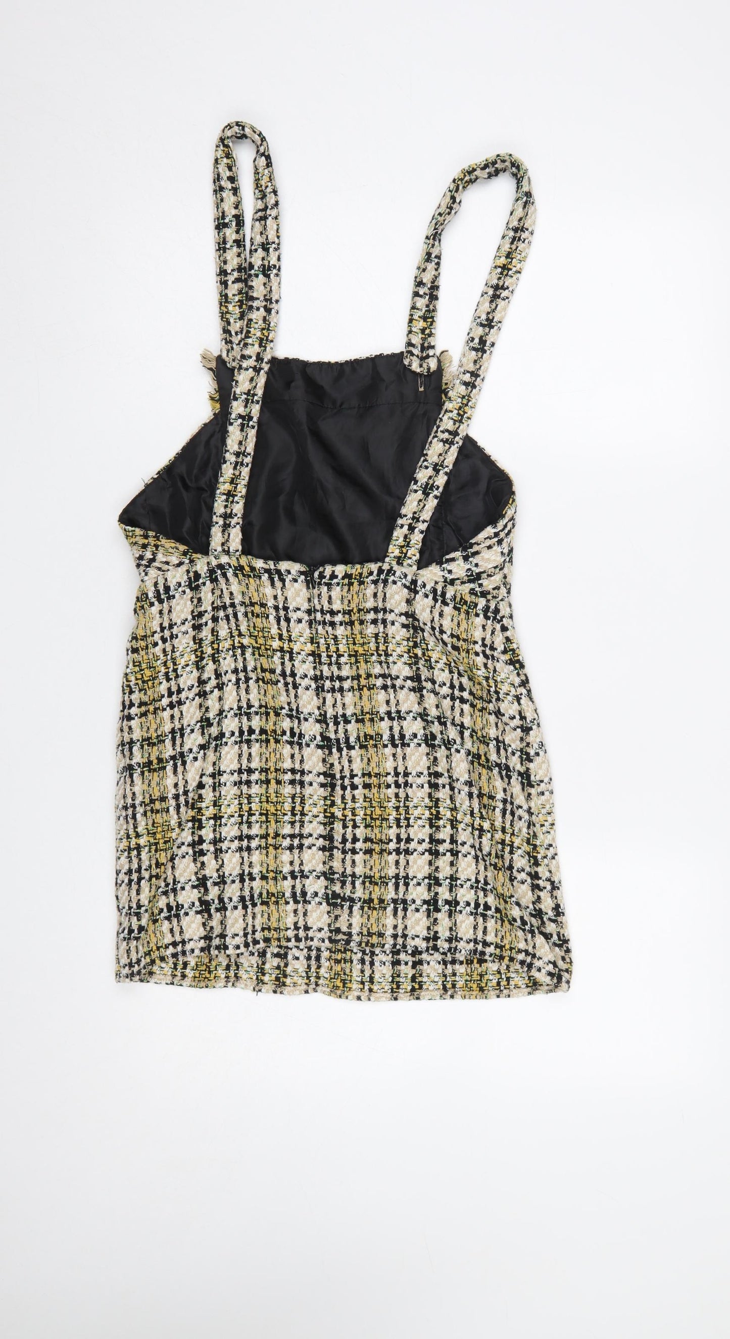Zara Women Beige Tweed Check Pinafore Dress Size S