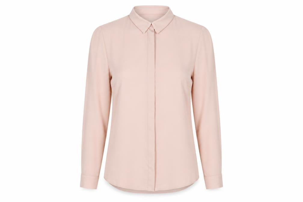Front view of New Look Women Beige Long Sleeve Collared Basic Blouse, size 6